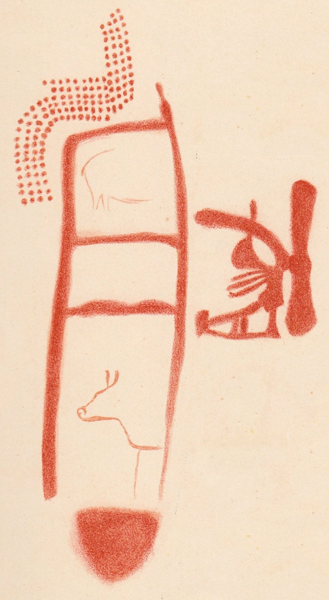 Un dessin de 1913 du panneau 78 à La Pasiega. Le scalariforme rouge, ou symbole d’échelle, a au moins 64&nbsp;000 ans, mais il est on ne sait pas si les animaux et autres symboles ont été peints plus tard.