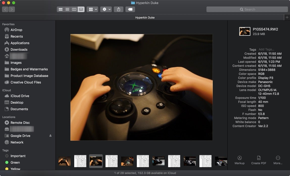 La vue Galerie dans le Finder, avec le volet d’aperçu, est vraiment belle en mode sombre.