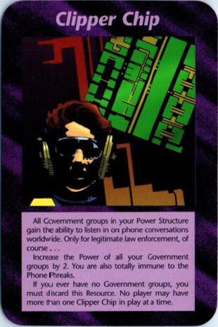En 1994, Steve Jackson Games a lancé Illuminati&nbsp;: Nouvel Ordre Monde Jeu de cartes à collectionner. Il comprenait une carte sur le thème du jeton Clipper.