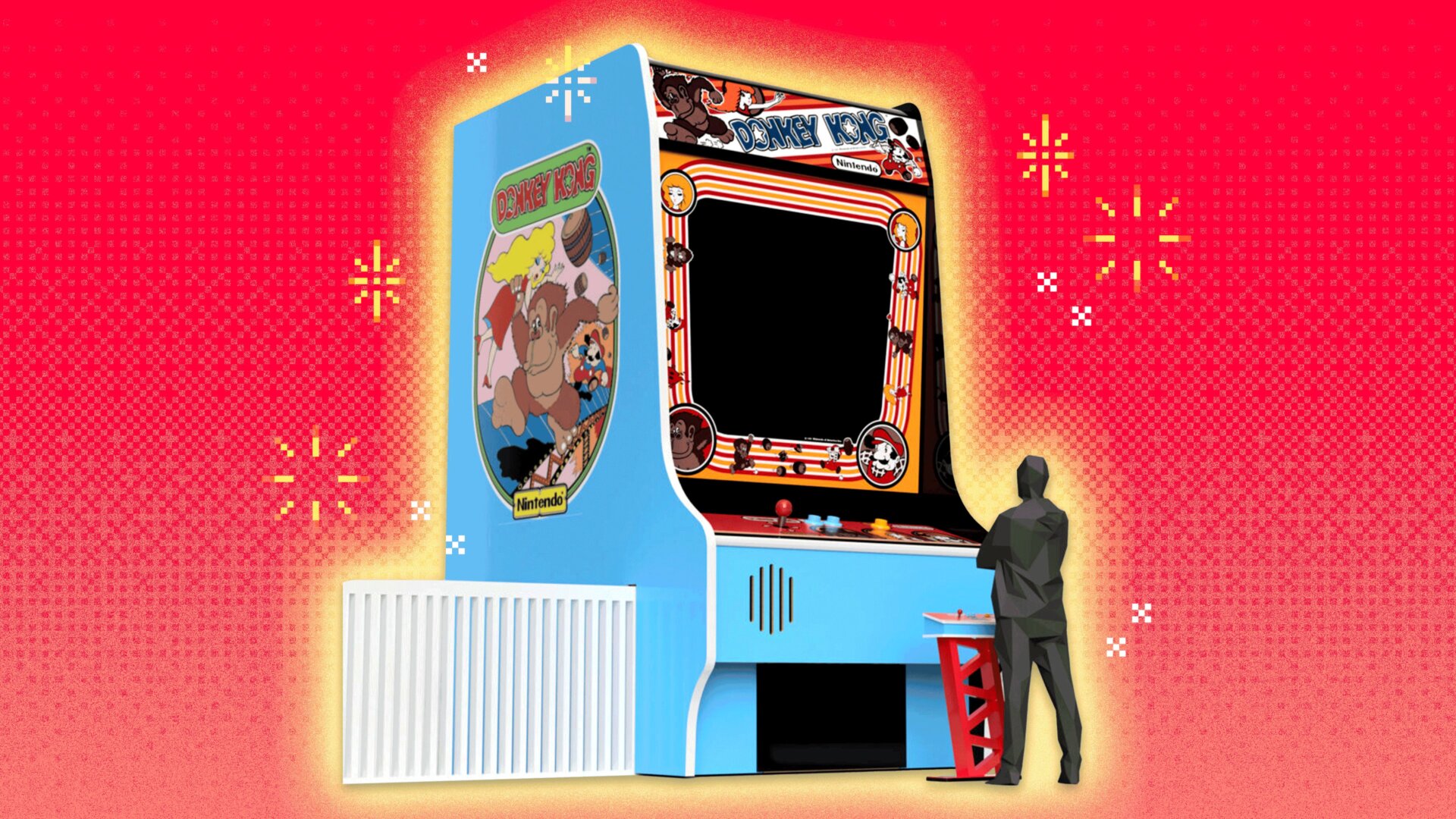L’armoire d’arcade Donkey Kong de 20 pieds de haut du musée Strong utilisera des commandes de taille normale pour les utilisateurs au sol. Le reste sera  fabriqué en aluminium et panneau de fibres MDF.