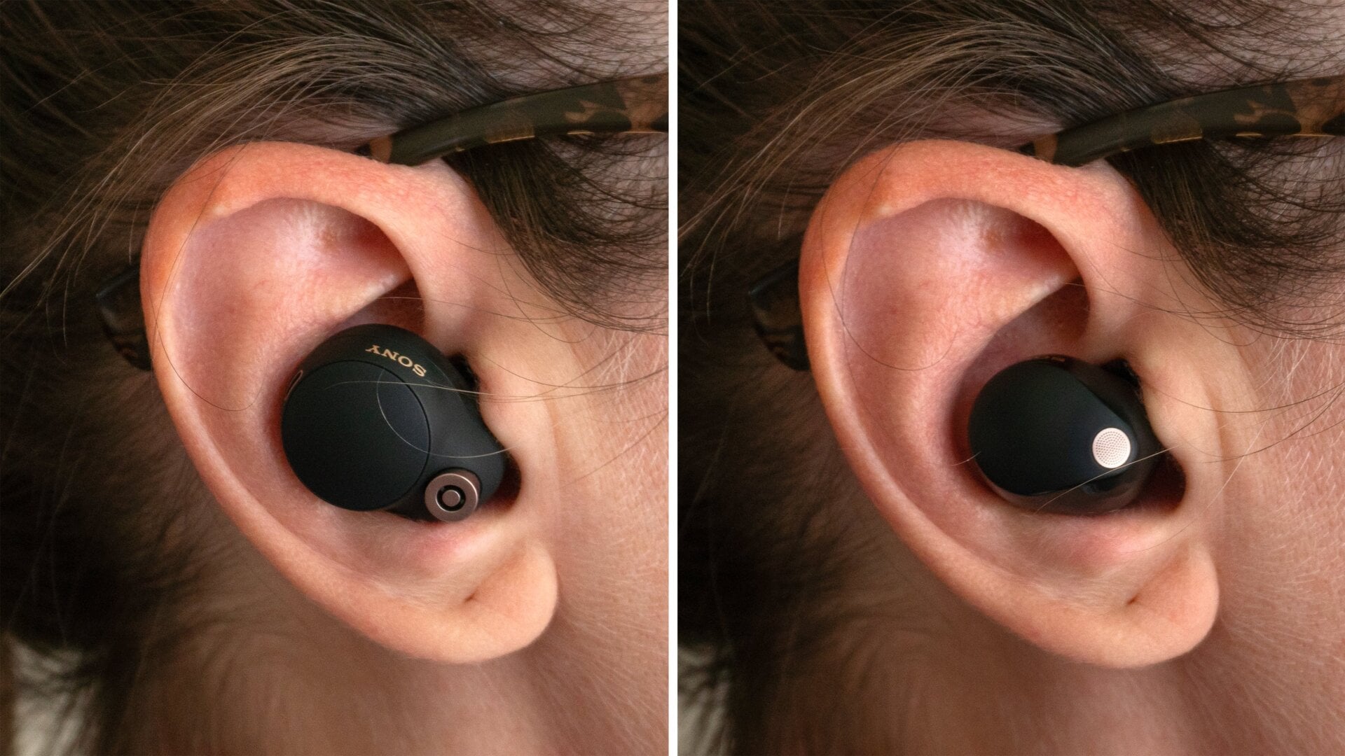 Bien que seulement 25&nbsp;% plus petits que les Sony WF-1000XM4 (à gauche), les WF-1000XM5 (à droite) semblent beaucoup plus petits et plus légers dans l’oreille.