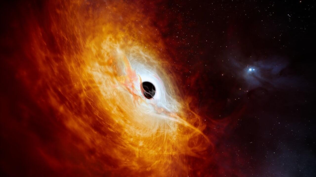 Vue d’artiste du quasar extrêmement brillant et à croissance incroyablement rapide.