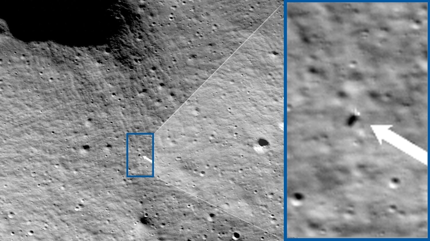 La flèche blanche au centre de l’image pointe vers l’atterrisseur lunaire Odysseus à la surface de la Lune.