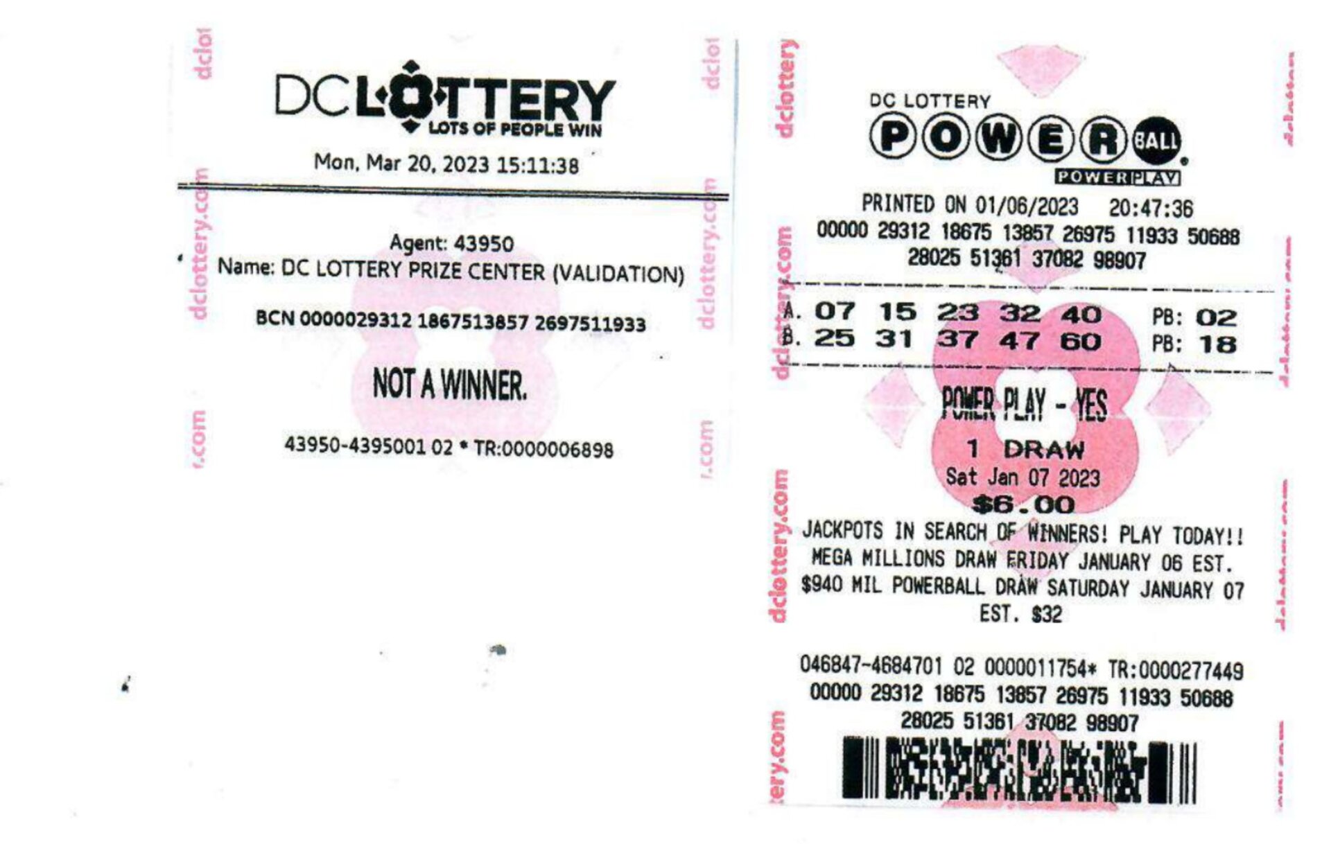 Une photo du billet de loterie John Cheeks du 7 janvier 2023 et du refus du billet de la loterie DC.