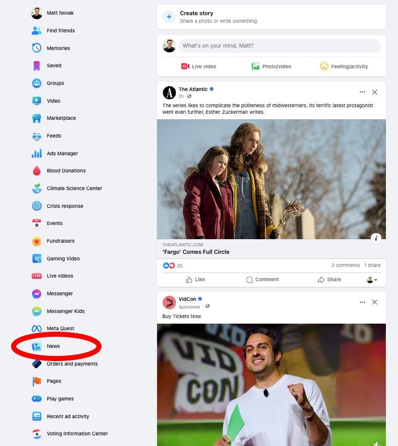 Une capture d’écran de Facebook tel qu’il existe aujourd’hui, avec l’onglet Actualités entouré en rouge. 
