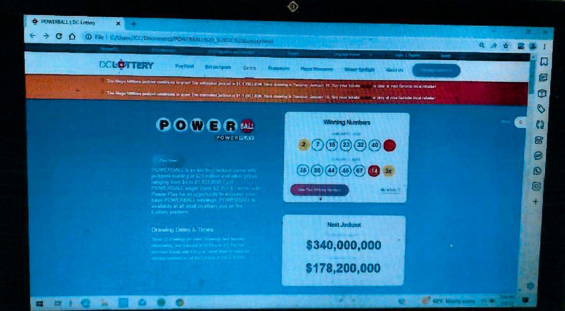 Une photo du site Web de DC Lottery prise par John Cheeks le 8 janvier 2023. Le site Webmontre ses numéros gagnants&nbsp;: 07-15- 23-32-40.