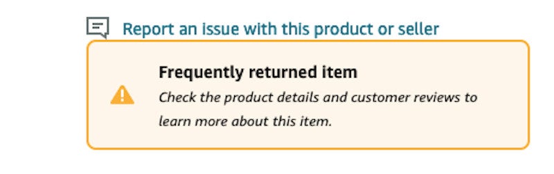 Capture d’écran d’Amazon montrant l’avertissement que les consommateurs voient désormais à propos de l’étui Apple FineWoven étant un produit qui est fréquemment retourné. 