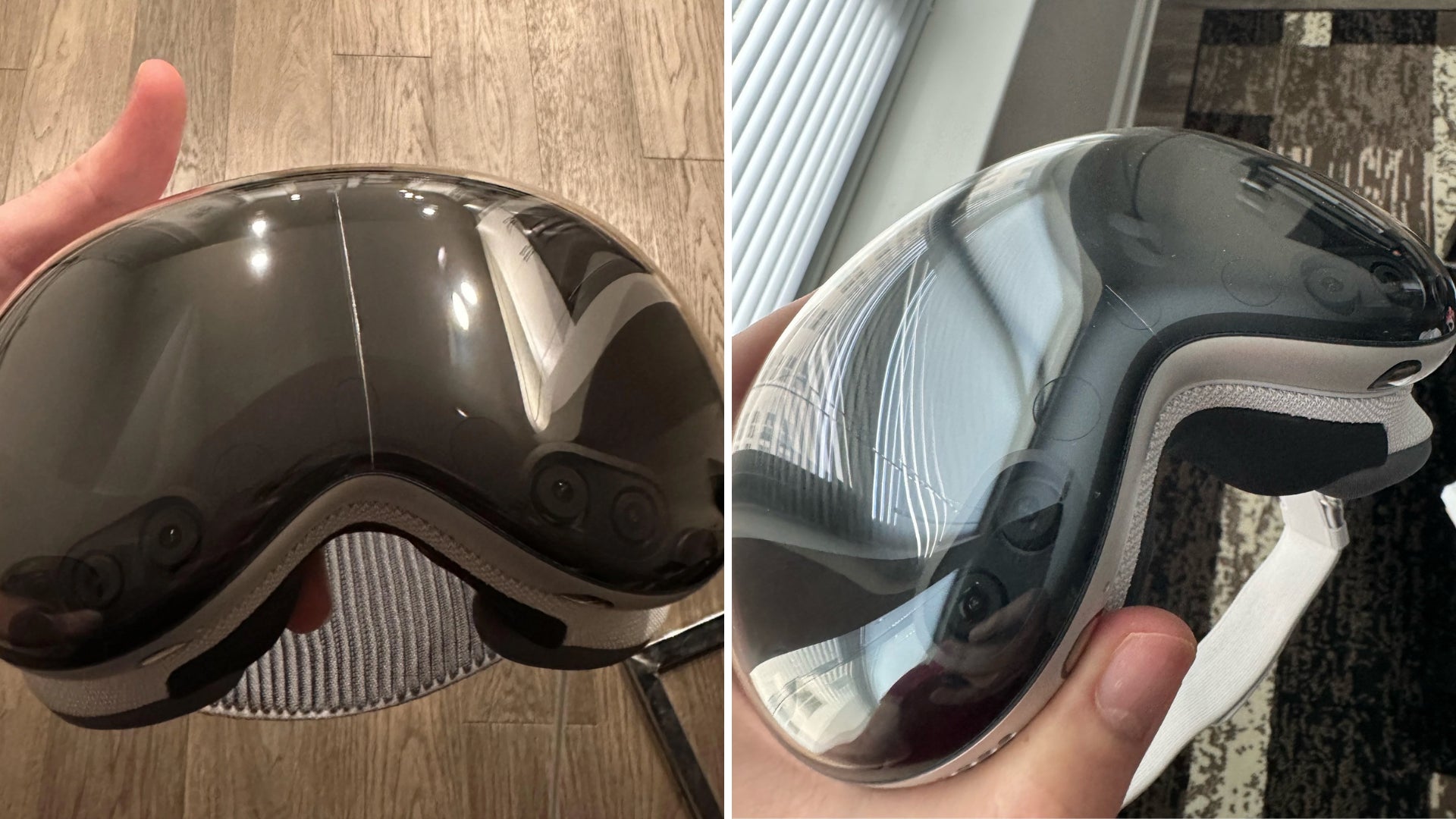 Photos des fissures aléatoires sur l’Apple Vision Pro fournies par deux propriétaires.