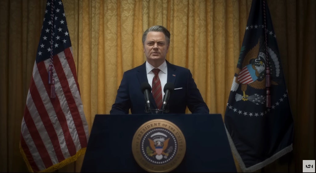 Le Président des États-Pas-si-A-Unis (Nick Offerman) fait un allocution.