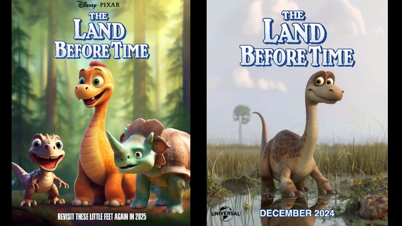 De fausses affiches de films pour un remake de The Land Before Time, faussement présentées comme des sorties à venir d’Universal et de Disney/Pixar respectivement.