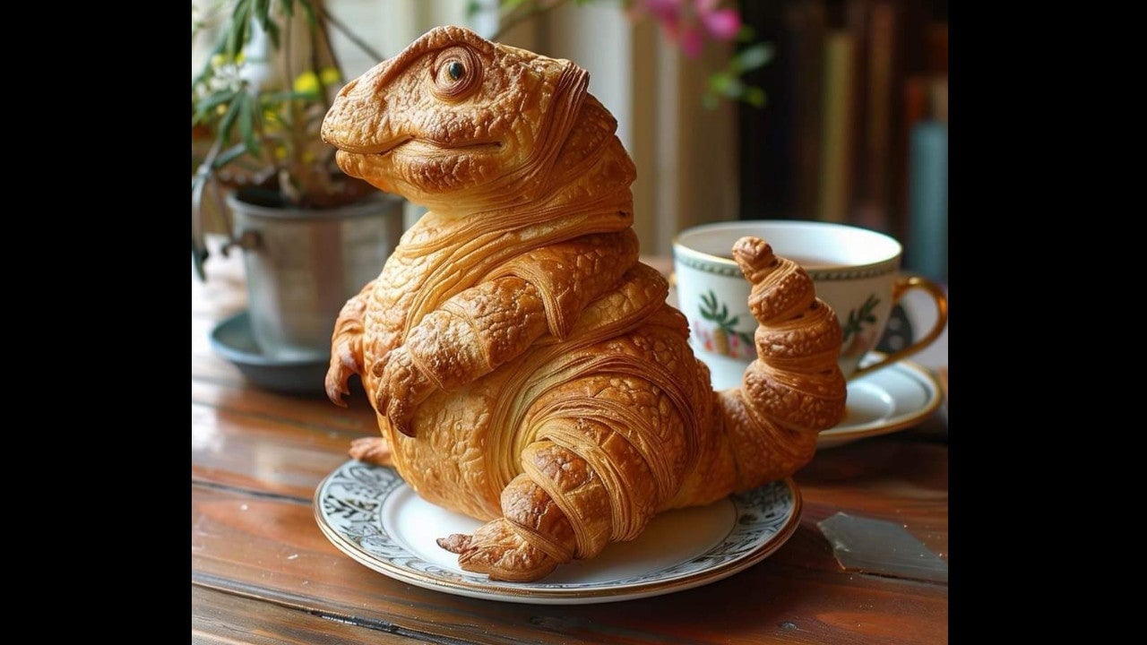 Le faux croissant de dinosaure créé avec une IA générative qui devient viral sur des sites comme Reddit et X.