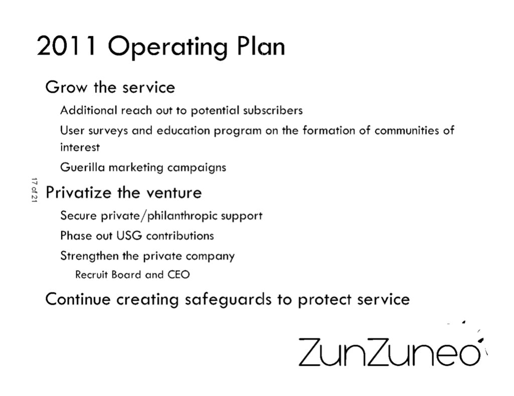 Diapositive d’une présentation fin 2010 sur les projets pour ZunZuneo pour l’année à prochaine, publiés par  la  FOIA.