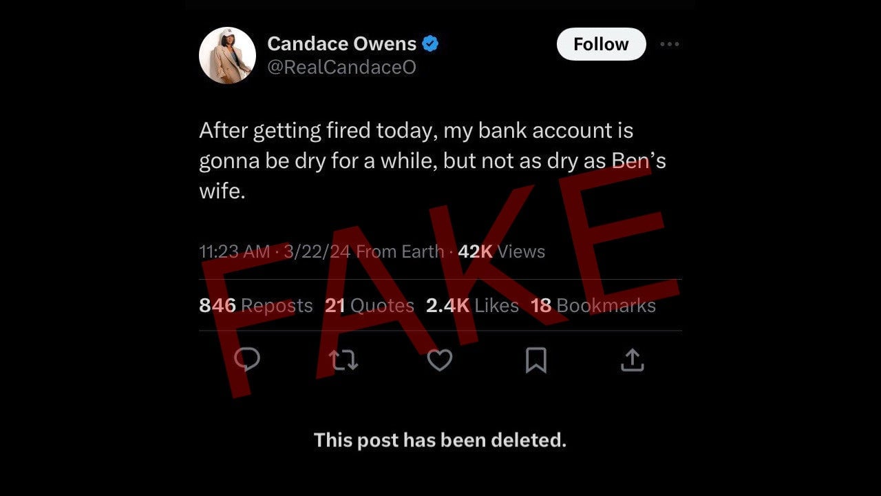 Le faux tweet qui a été fait pour donner l’impression qu’il a été supprimé, avec une annotation de FAKE par dessus par Gizmodo. 