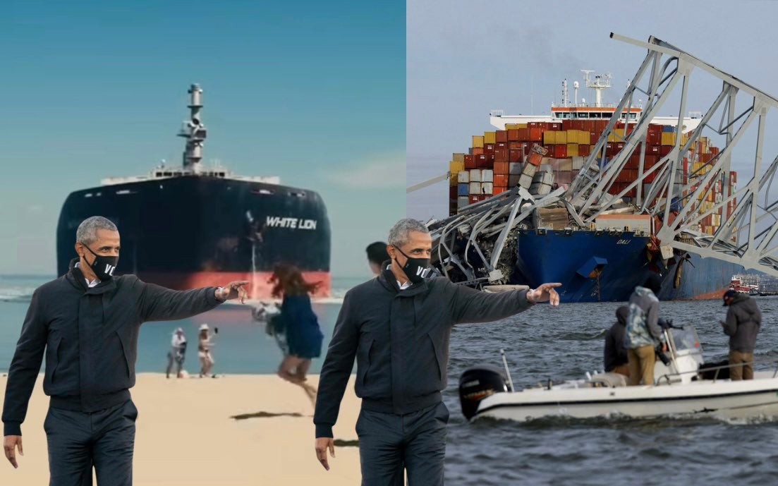 Une image partagée sur les réseaux sociaux tentant de connecter Barack Obama à l’effondrement du pont à Baltimore le 26 mars parce que l’ancien président  son exécutif a produit un thriller apocalyptique sur Netflix dans lequel un navire s’est écrasé sur une plage.