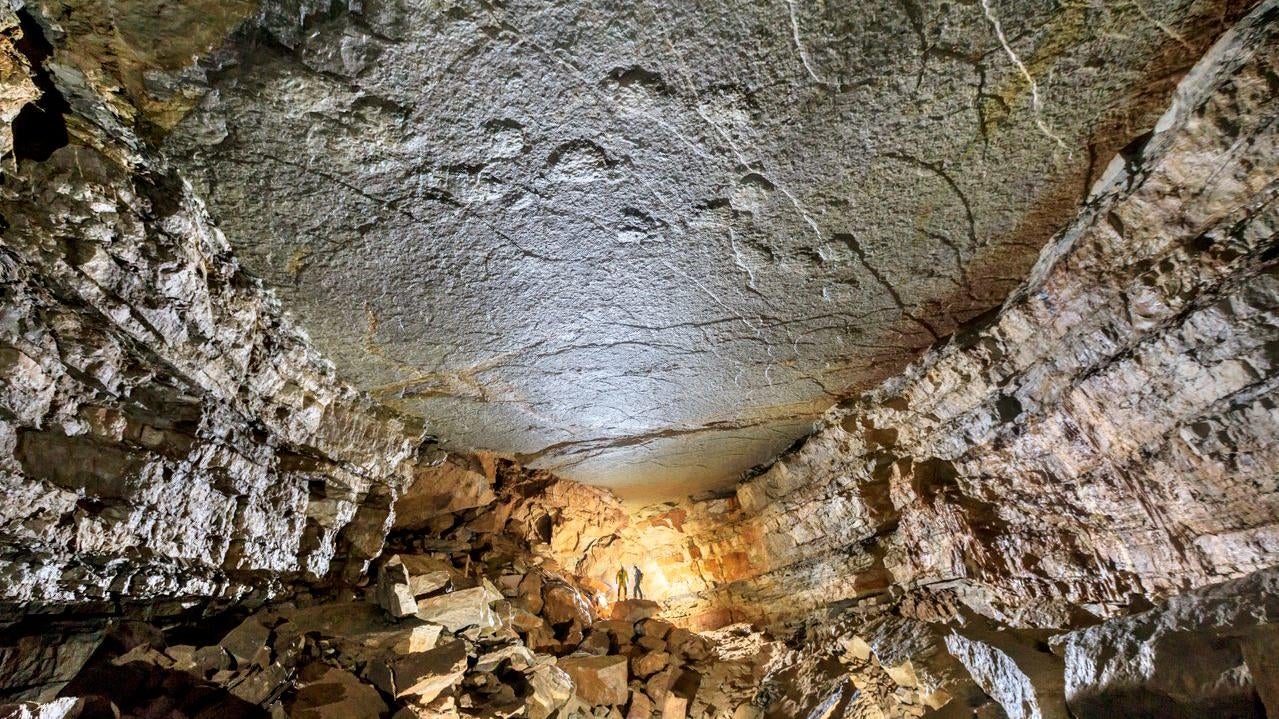 Des traces de dinosaures au plafond de la grotte de Castelbouc en France, à environ 1 600 pieds sous terre.