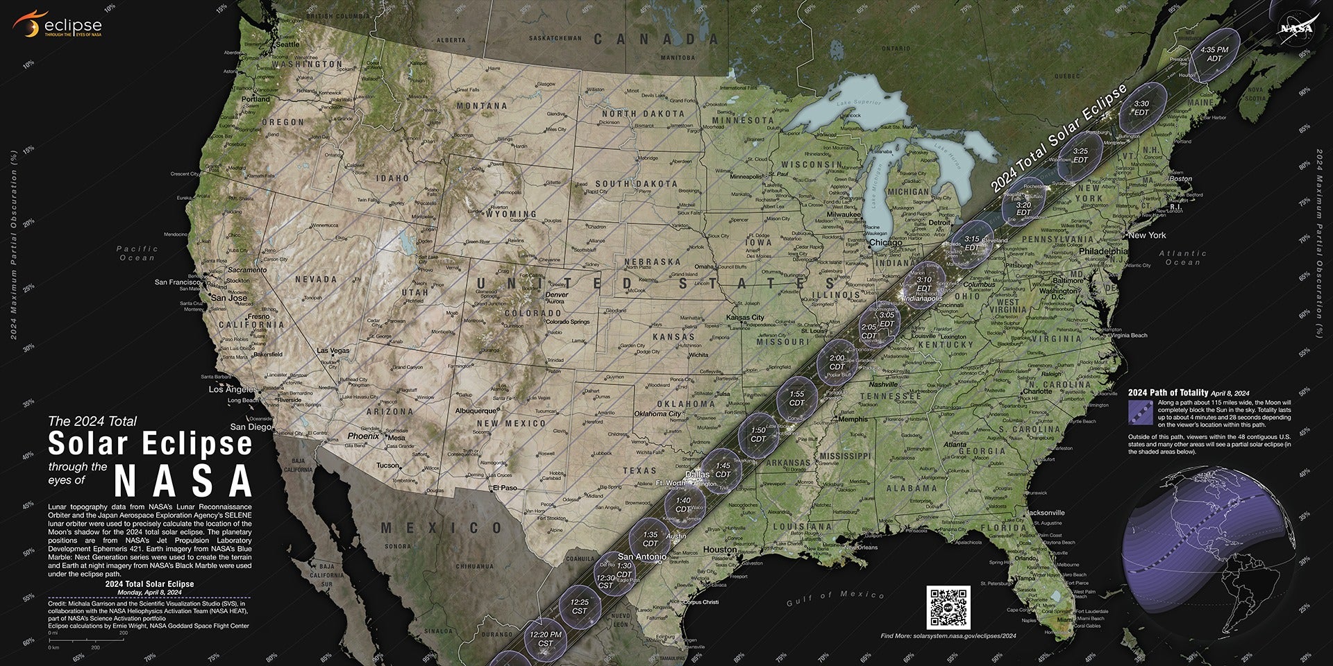 Le chemin de la totalité pour l’éclipse totale solaire de 2024. 