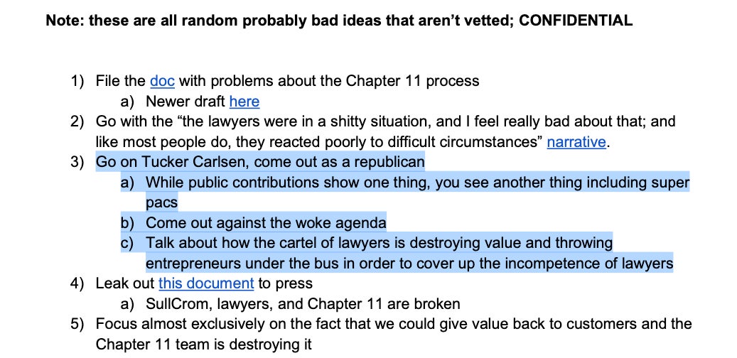Notes rédigées par Sam Bankman-Fried après l’effondrement de FTX qui ont été rendues publiques par les procureurs dans un dossier déposé vendredi, avec les points saillants faits  pour souligné par Gizmodo 