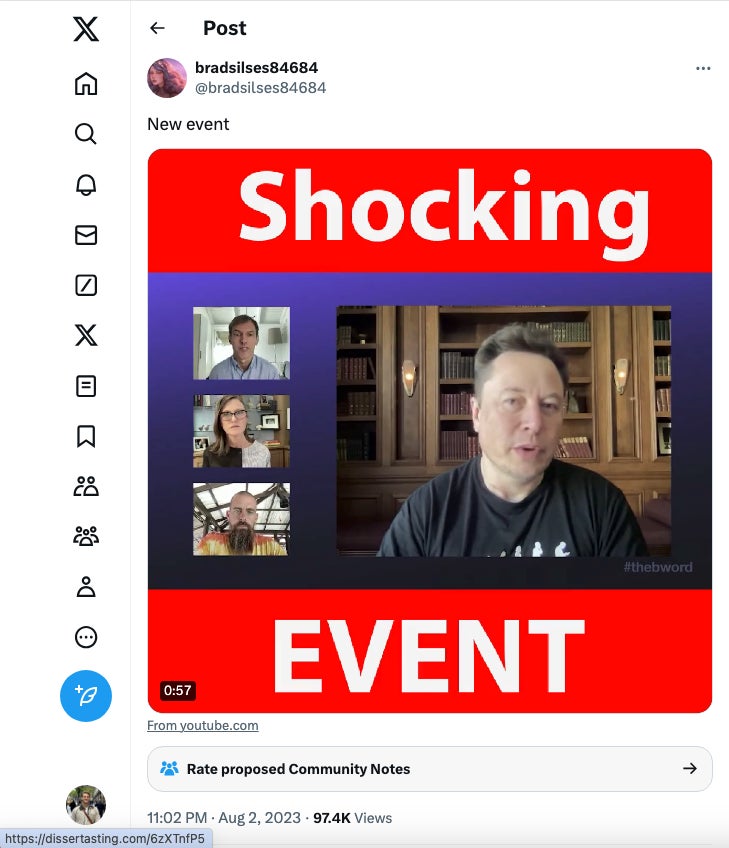 Un autre exemple de liens trompeurs sur X. L’aperçu de Google Chrome montre la vraie destination.