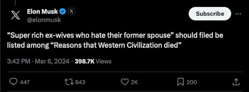 Le tweet désormais supprimé du milliardaire Elon Musk envoyé le 6 mars 2024.
