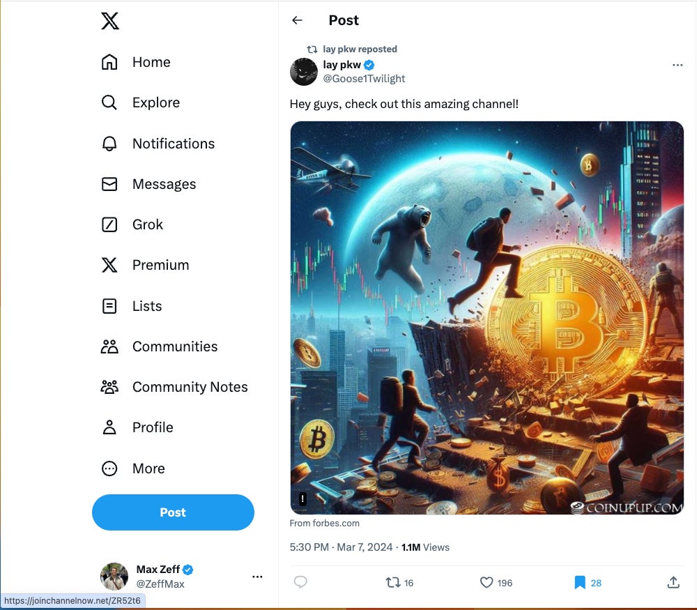 Un message trompeur sur X. L’aperçu de Google Chrome dans le coin gauche montre que cela ne va pas sur Forbes.com.