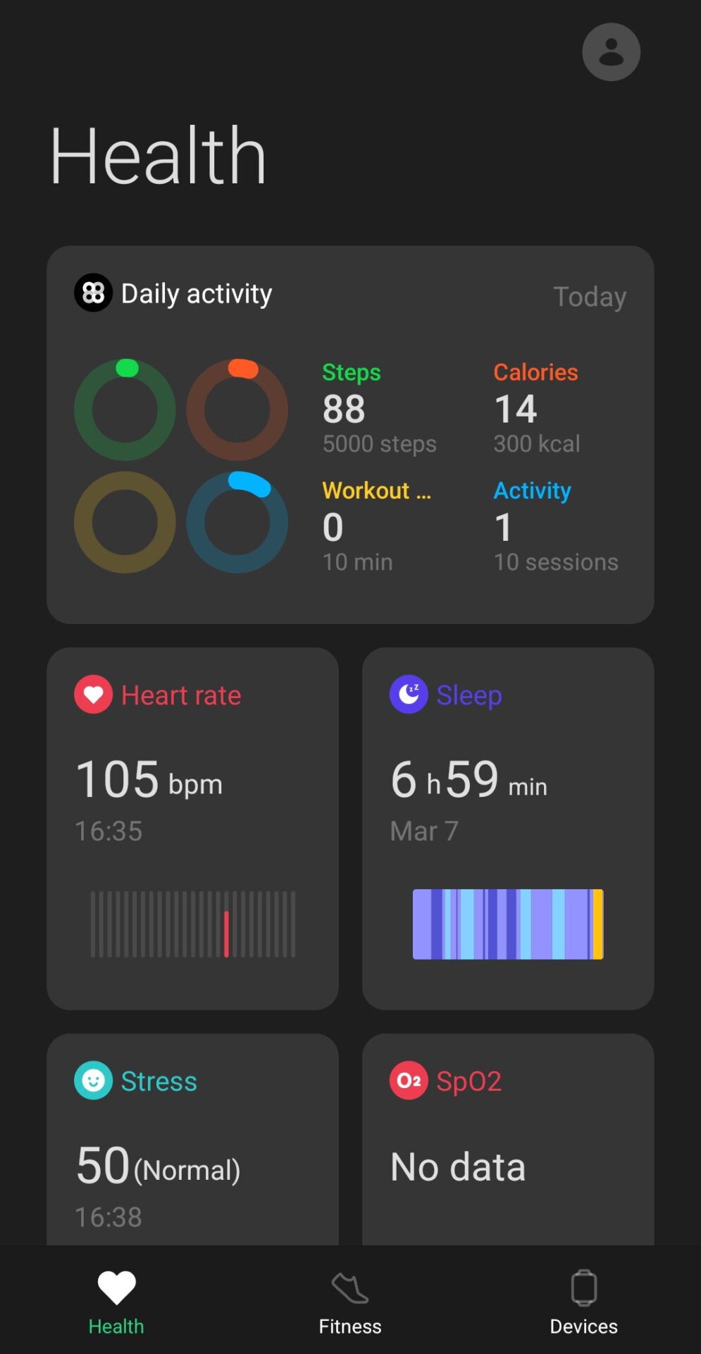 Je n’ai pas porté la montre pendant quelques jours et je le regrette. Mes statistiques sont horribles&nbsp;! Cependant, ce ceci serait rempli entièrement  un jour normal, sauf pour les données SpO2. 