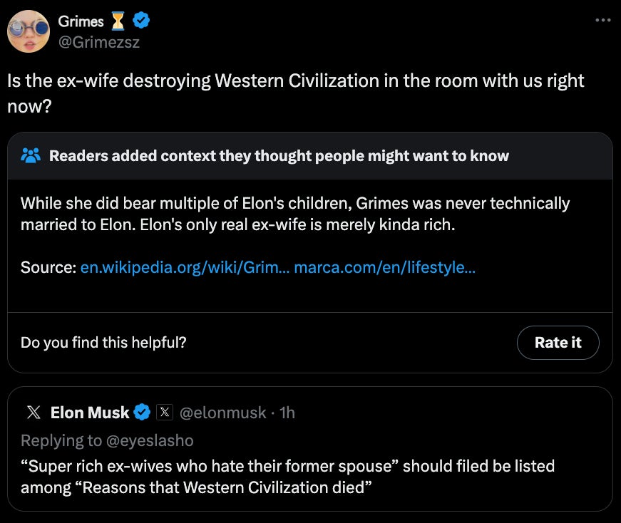 Encore un faux tweet prétendant montrer une note de la communauté sur un tweet de Grimes. Le tweet de Musk est la seule chose qui est réelle dans ce tweet. image. 