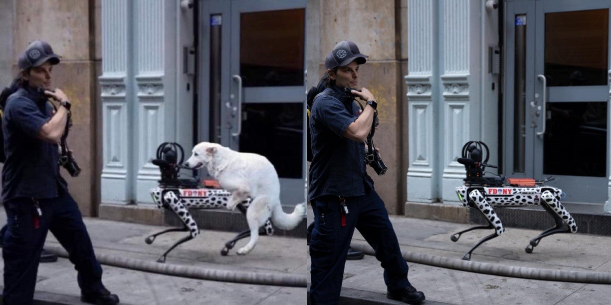 L’image manipulée qui est devenue virale (à gauche) et la photo originale publiée sur la page Facebook du service d’incendie de New York. 