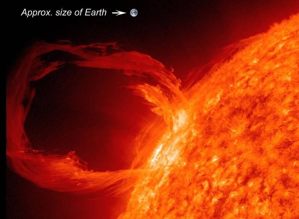 Une représentation d’une proéminence solaire, avec la Terre ajoutée à l’échelle. 