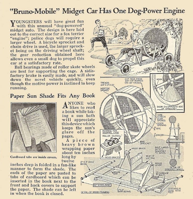 Extrait du numéro de juin 1934 du magazine Modern Mechanix présentant un «&nbsp;moteur propulsé par un chien&nbsp;» 