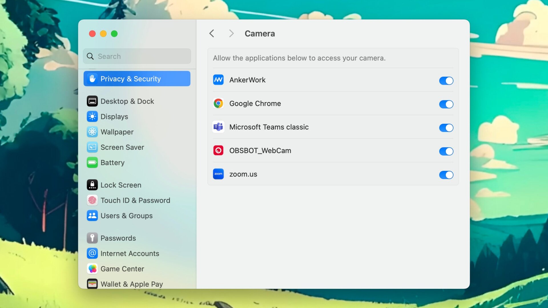 Applications avec accès à la caméra sur macOS.