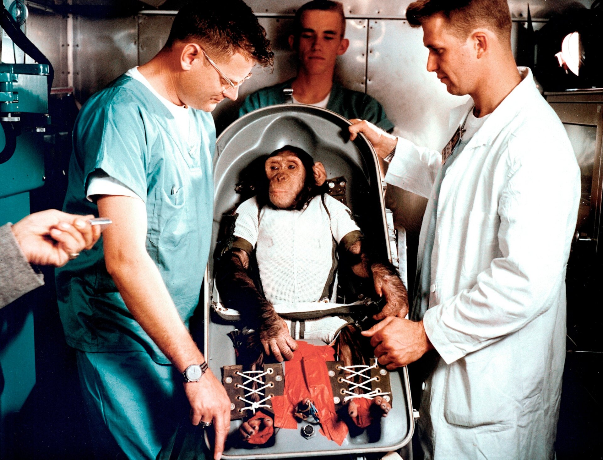 Ham le chimpanzé juvénile avec des  dresseurs à Cape Canaveral, en Floride, le 31 janvier 1961.