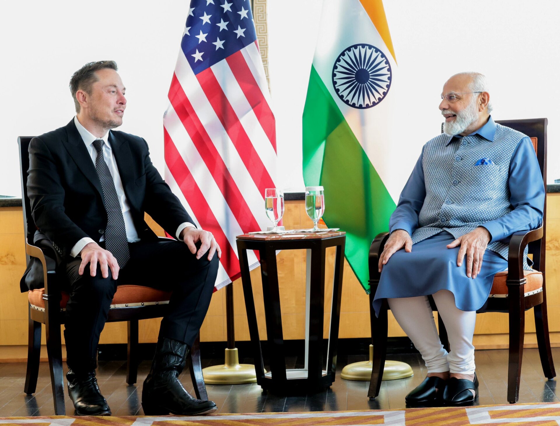 Le Premier ministre indien Narendra Modi (à droite) rencontre Elon Musk (à gauche) à New York, aux États-Unis, le 20 juin 2023.