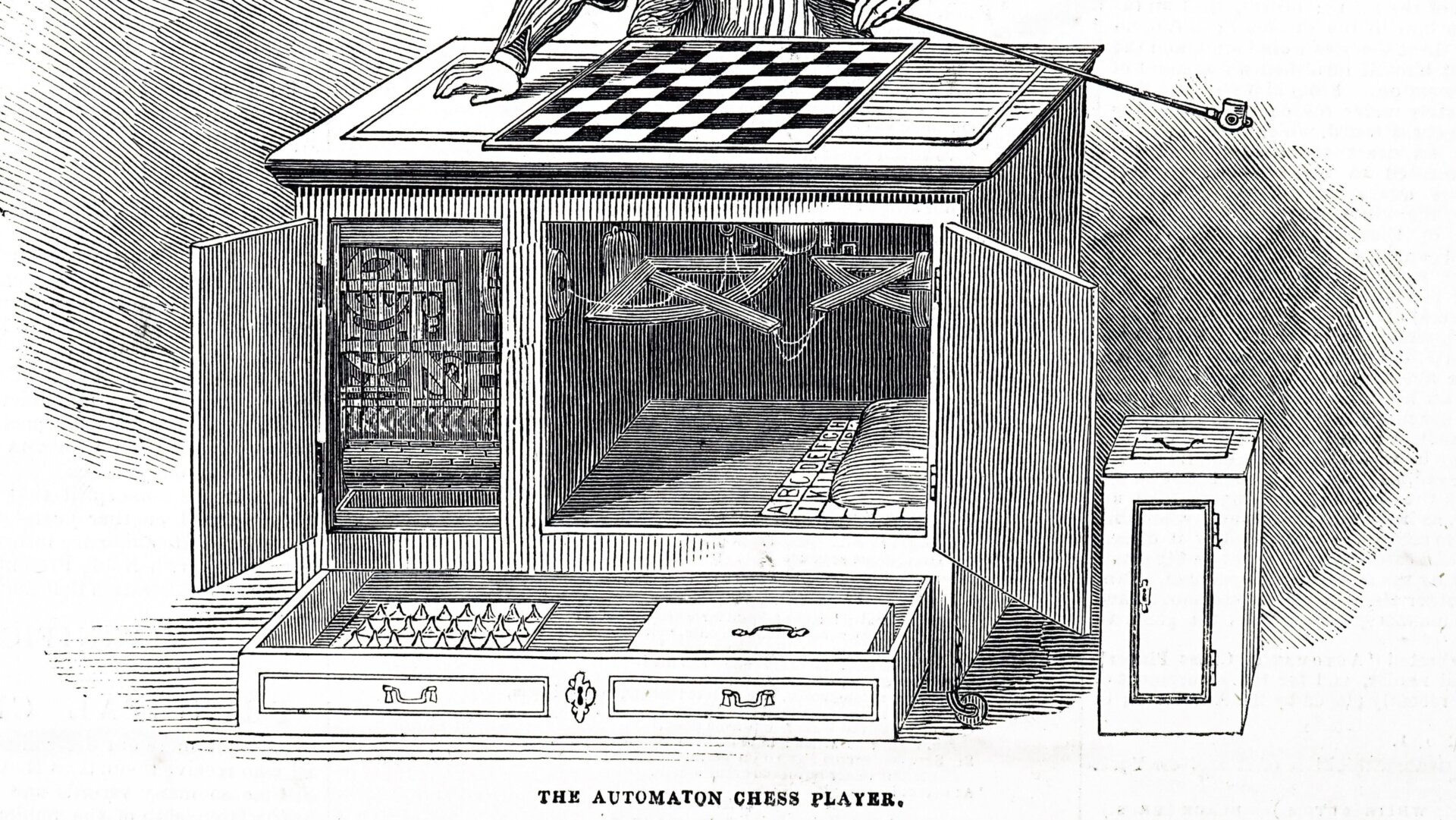 Un dessin du Turc mécanique, qui permettait à un petit joueur d’échecs expert de grimper à l’intérieur et de jouer au jeu, en se faisant passer pour une machine. .