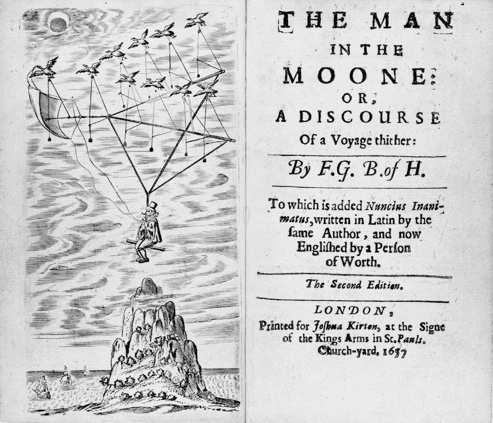 Le frontispice et la page de titre de la deuxième édition de Francis Godwin L’Homme dans la Lune.