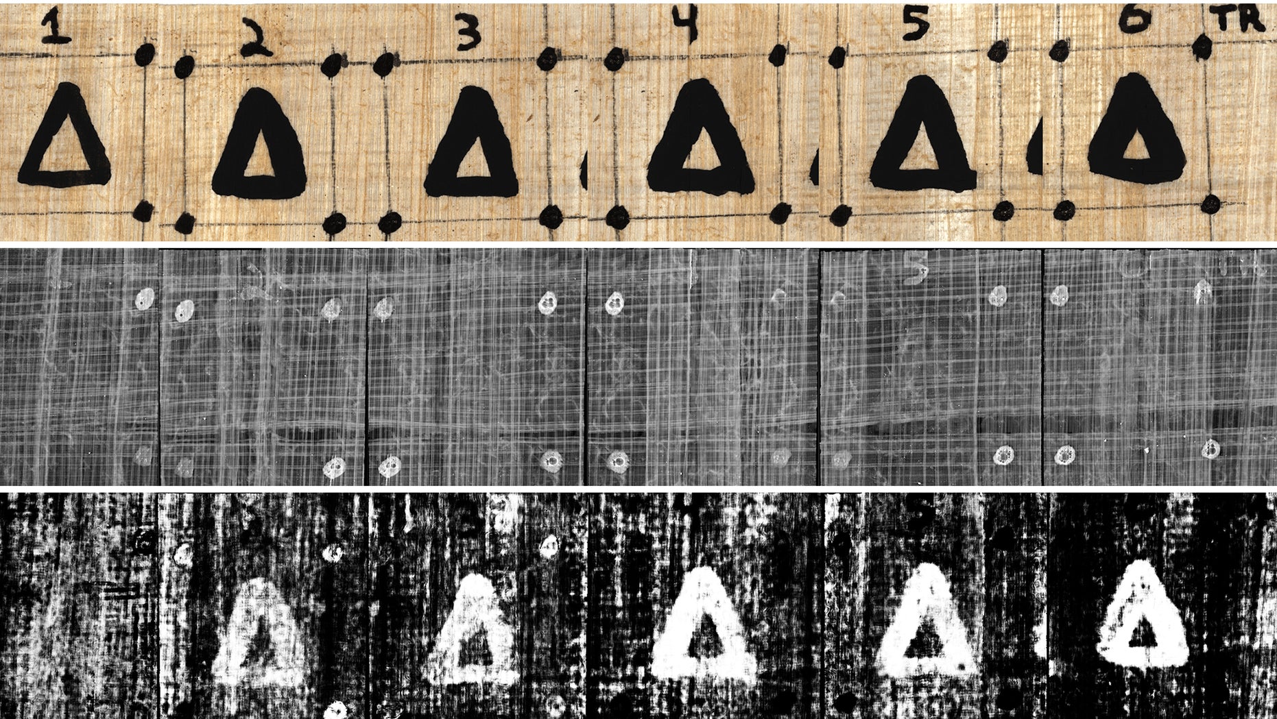 De haut en bas&nbsp;: une photographie de référence des symboles delta, une image de texture intégrale et une image de prédiction à l’encre de carbone générée par le réseau. 