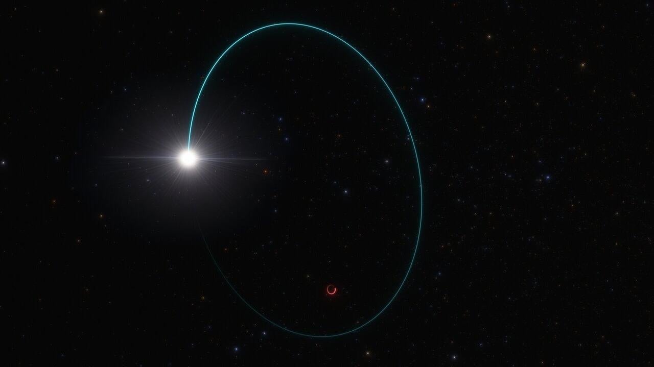 Représentation du système binaire, dans qui une étoile orbite autour du trou noir stellaire inhabituellement grand.