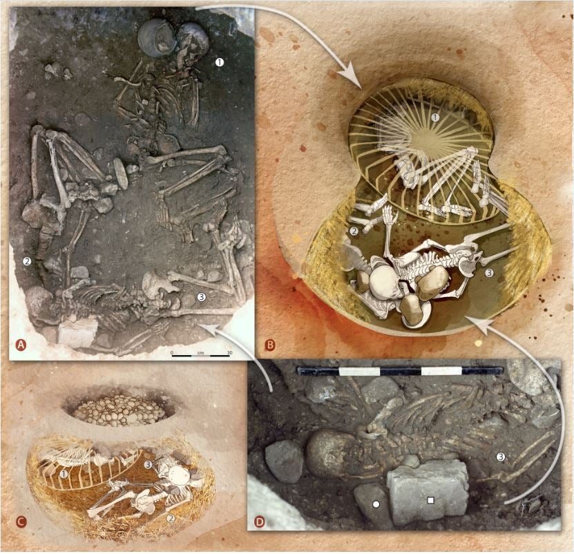Dans le sens des aiguilles d’une montre, depuis le haut à gauche&nbsp;: une vue de trois squelettes sur le site, une reconstitution des vestiges, une vue de l’individu du bas avec une pierre au-dessus des restes, un fragment de meule recouvrant la tête de l’individu le plus à droite.