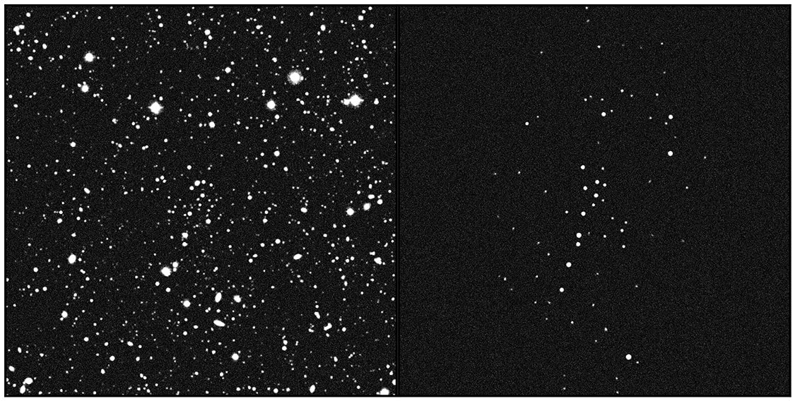 Une image du ciel profond de la région abritant l’amas d’étoiles (à gauche) et l’amas lui-même (à droite).