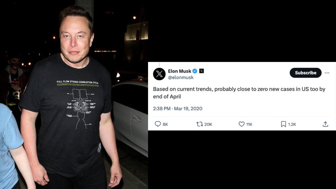 Elon Musk le 25 septembre 2020, à Los Angeles, Californie (à gauche) et tweet de Musk du 19 mars 2020. 
