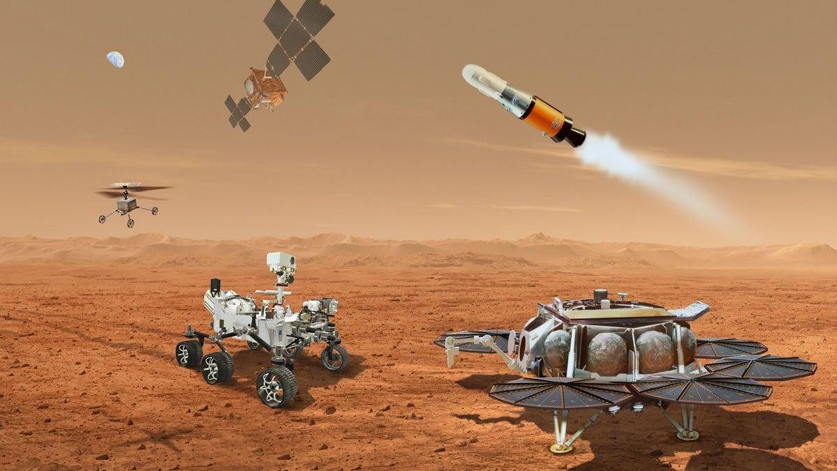 Vue d’artiste de la flotte Mars Sample Return à la surface de la planète rouge.
