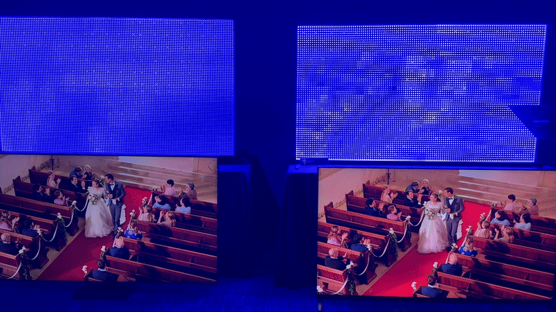 La démonstration par Sony de leurs nouveaux pilotes mini-LED compare le Samsung QN90C, à gauche, et un Bravia 9, à droite.