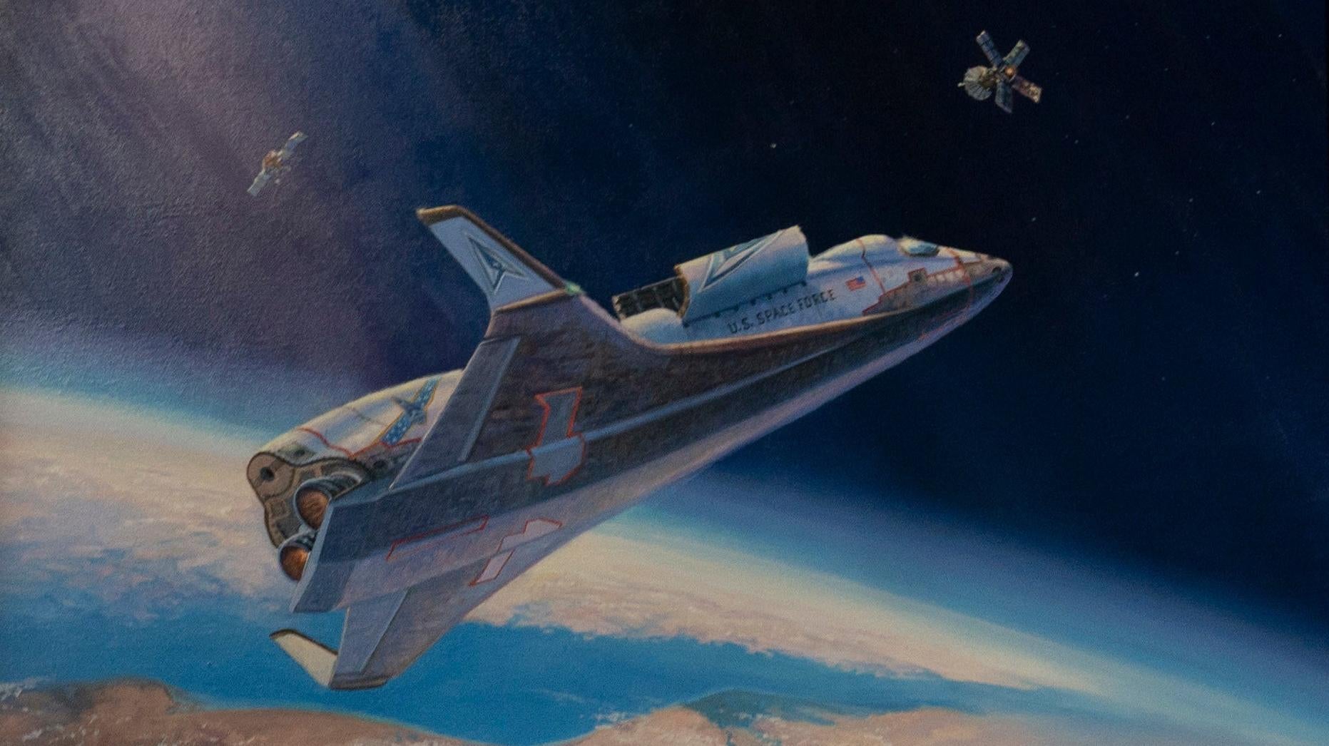 La Space Force a dévoilé une peinture officielle en octobre 2023 d’un avion spatial américain interceptant un satellite « adverse »pour l’empêcher de désactiver un satellite . Satellite « convivial ».