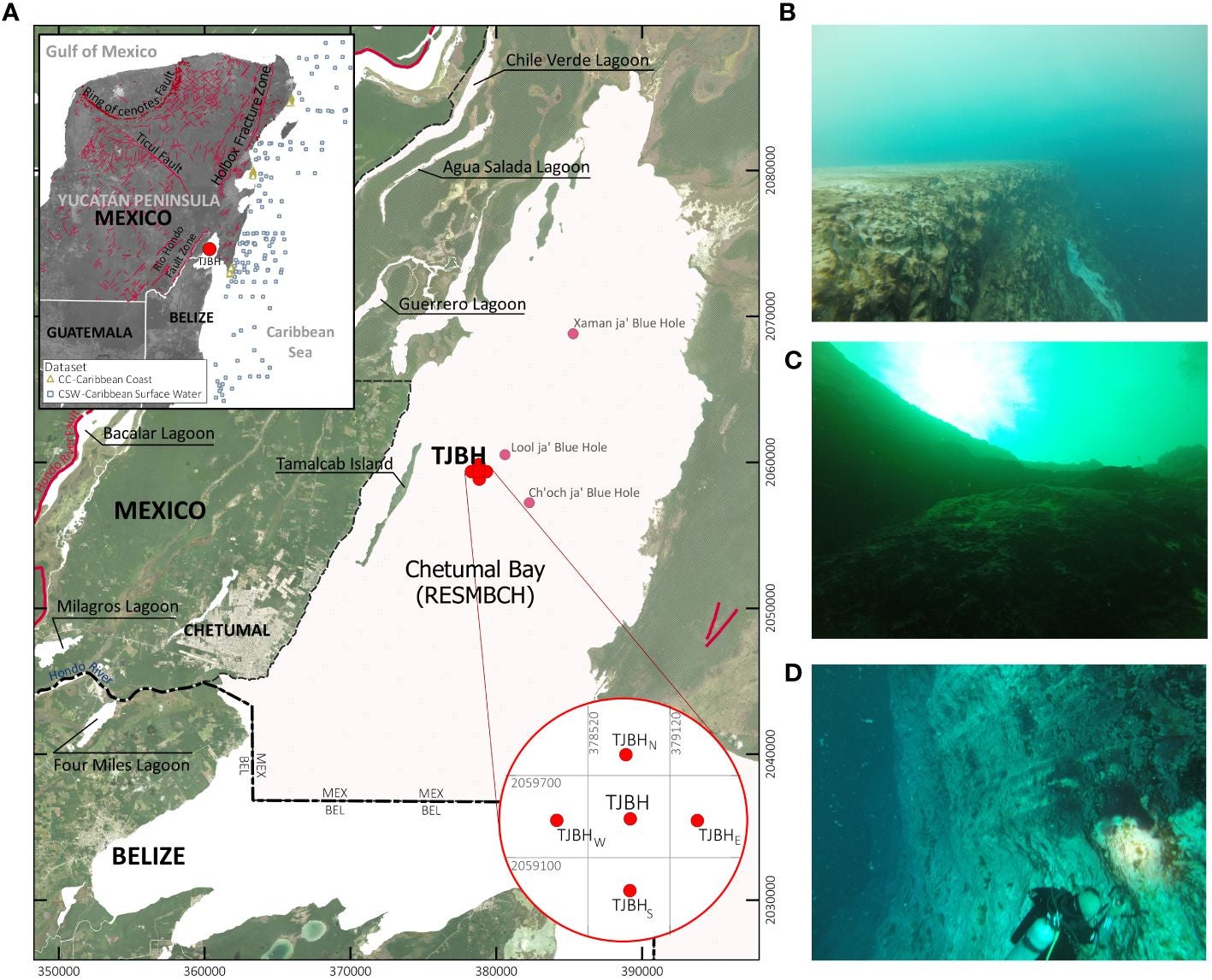 Emplacement du trou bleu et images de ce ci à (B) 16 pieds de profonde, (C) 65 pieds de profonde et (D) 98  pieds de profondeur.