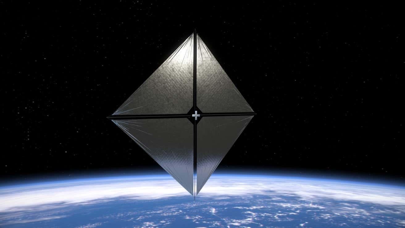 Représentation par un artiste du vaisseau spatial Solar Sail System en orbite.