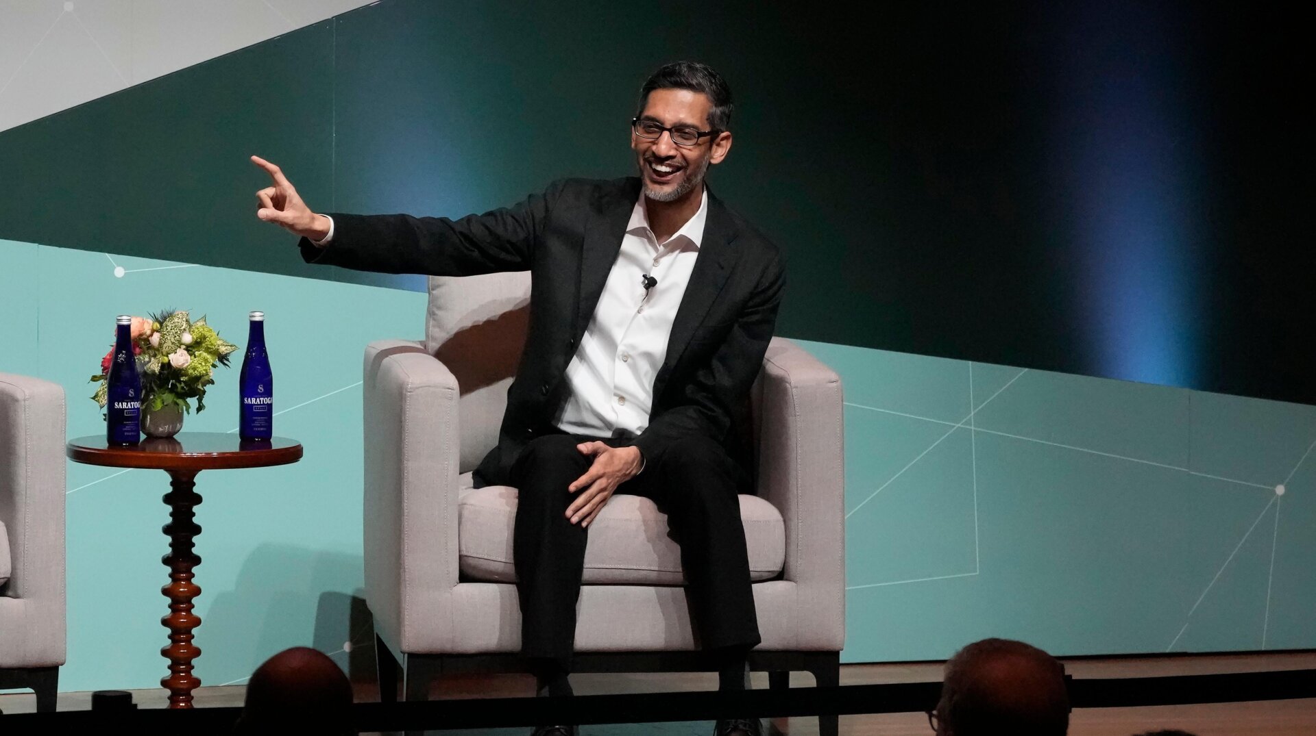 Sundar Pichai, PDG de Google et d’Alphabet, s’exprime à l’Université de Stanford, en Californie, le mercredi 3 avril 2024.