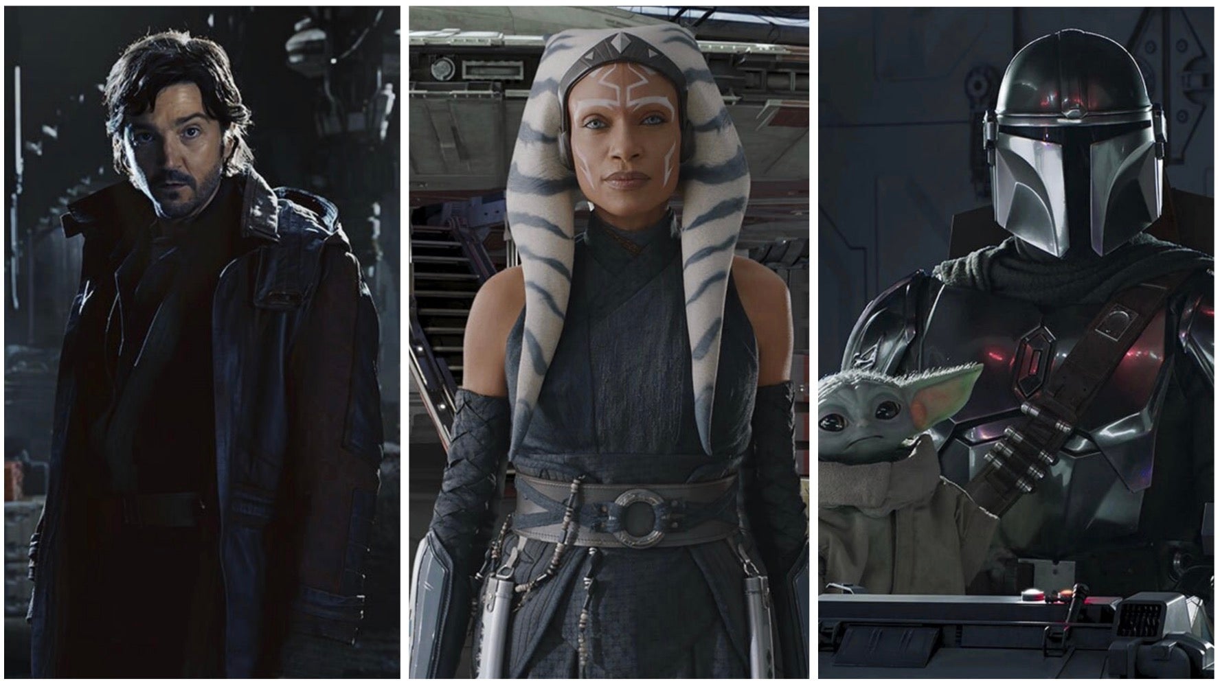 Cassian Andor, Ahsoka Tano et le Mandalorien avec Grogu on Visites étoilées.