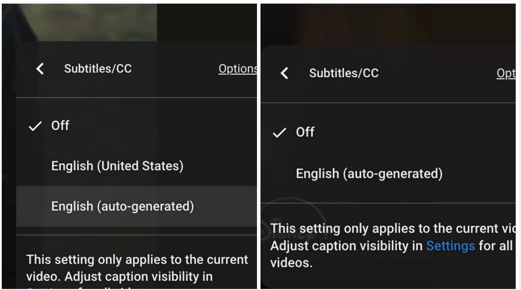 À gauche, le paramètre de sous-titres sur toutes les autres vidéos sur Guerres des étoiles YouTube. À droite, les paramètres sur «&nbsp;Plan&nbsp;»