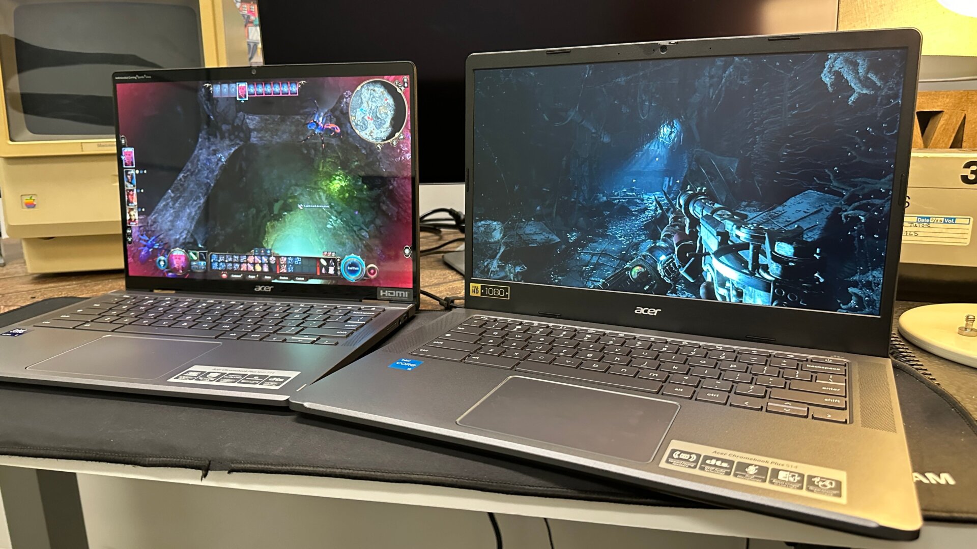 J’avais deux des derniers Chromebooks d’Acer à comparer directement, le Acer Chromebook Plus Spin 714 et le Acer Chromebook Plus 514. Le premier est un 2-en-1 à 699&nbsp;$ doté d’un écran tactile plus lumineux, d’une prise en charge Thunderbolt 4 et d’un écran LCD IPS beaucoup plus lumineux et de meilleure qualité (c’est aussi beaucoup). plus réfléchissant que je ne le souhaiterais, grâce au revêtement en verre Corning Gorilla. Le deuxième est un ordinateur portable à 349&nbsp;$ qui répond au strict minimum. attentes pour ce qui est considéré comme un Chromebook Plus. Les deux ont les mêmes 8 Go de RAM, bien que le Spin 714 soit un peu plus rapide. . Ils fonctionnent tous tous avec le WiFi 6E, pesent un peu plus de 3 livres,