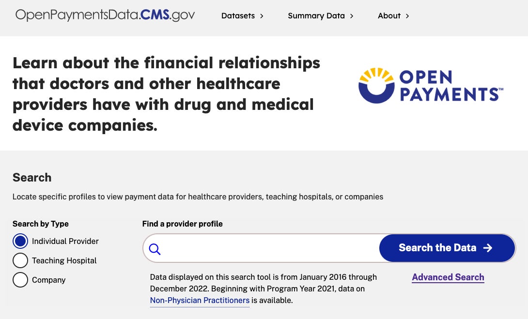 Screenshot: OpenPaymentsData.cms.gov