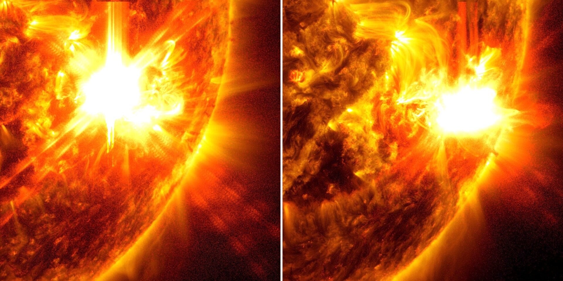Éruptions solaires à la surface du Soleil le 10 mai (à gauche) et le 11 mai (à droite).